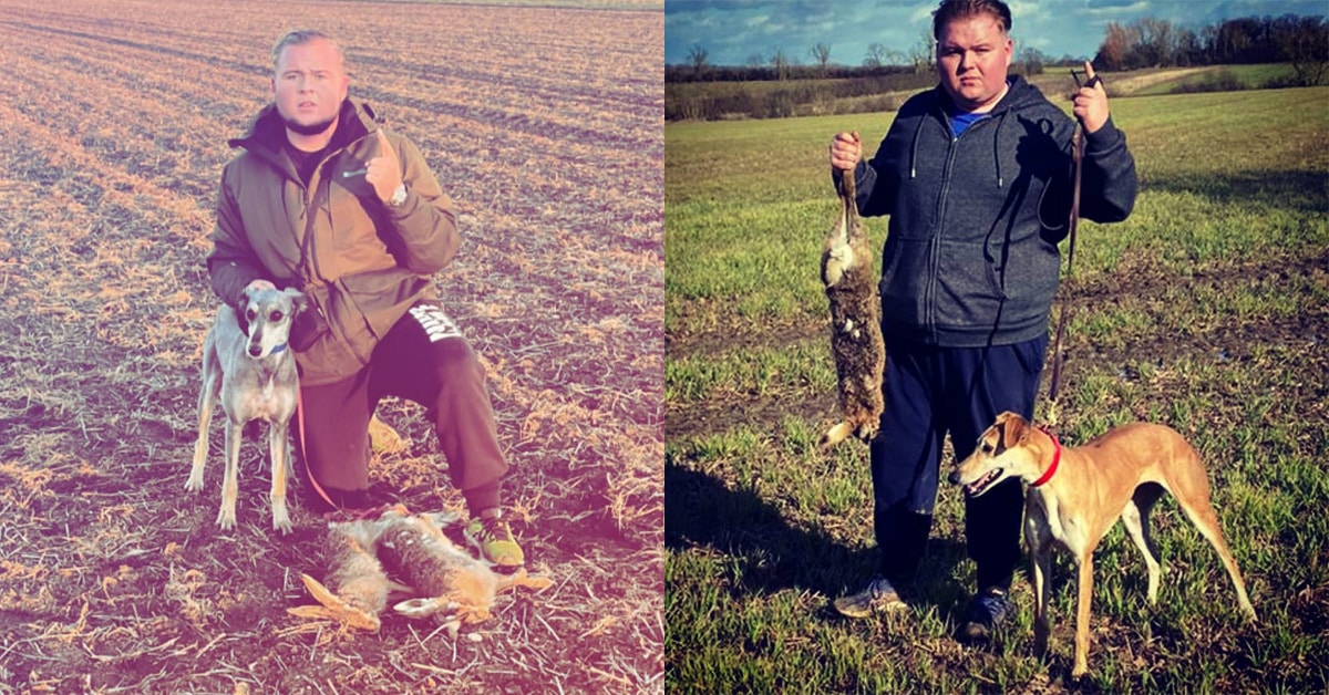 Two images of Ronnie Doherty holding hares he's killed through hare coursing
