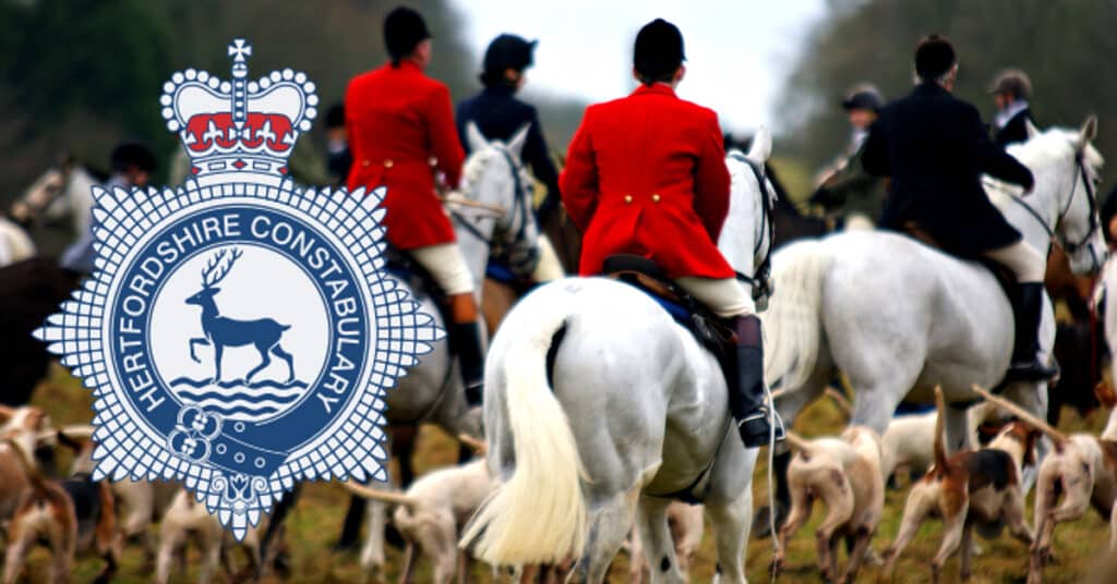 Hertfordshire Constabulary logo and generic hunt scene to illustrate police issuing Puckeridge and Essex Union Hunt a community protection notice