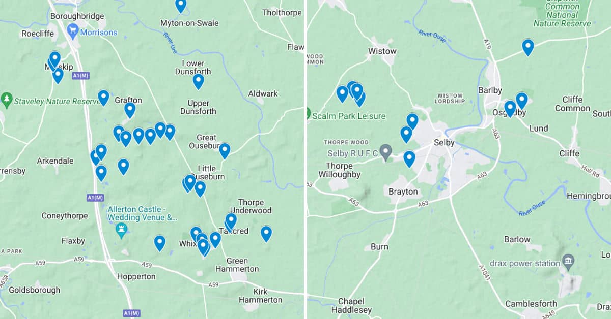 Screenshow of map showing North Yorks council-owned land and assets around Allerton and Selby